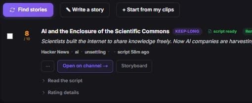 Story card on the Stories page with the Storyboard button that opens the pre-render editor